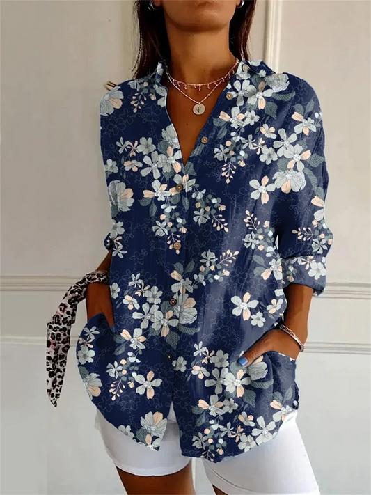 Ilse - Blå Blus med Blommönster
